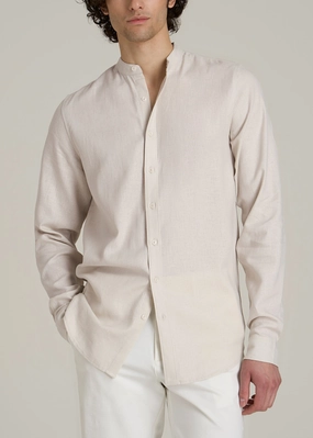 MidweightKnit Band Collar Linen Button Shirt for Tall Men in Drywall Tan