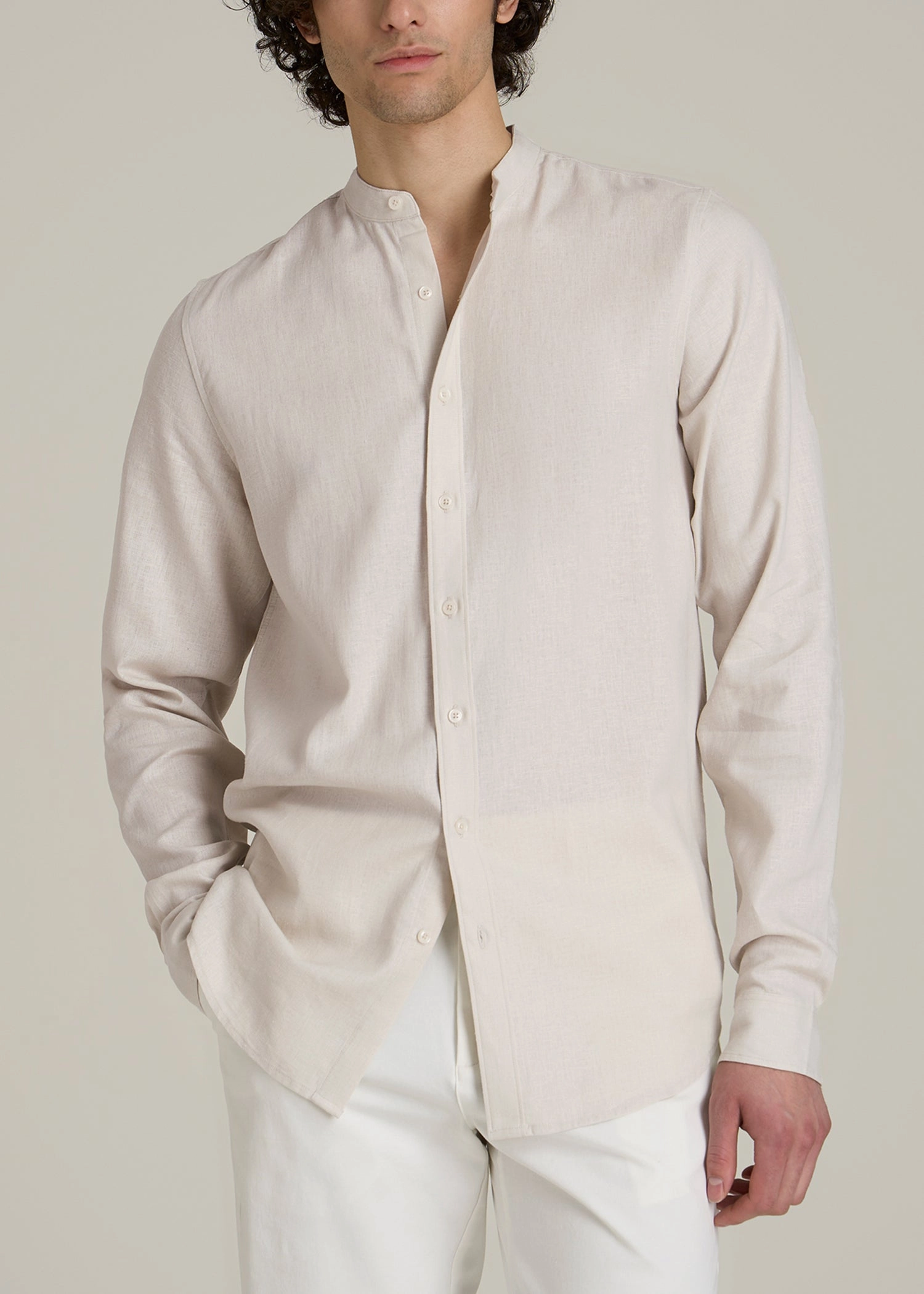 Band Collar Linen Button Shirt for Tall Men in Drywall Tan Smooth Seam Transition