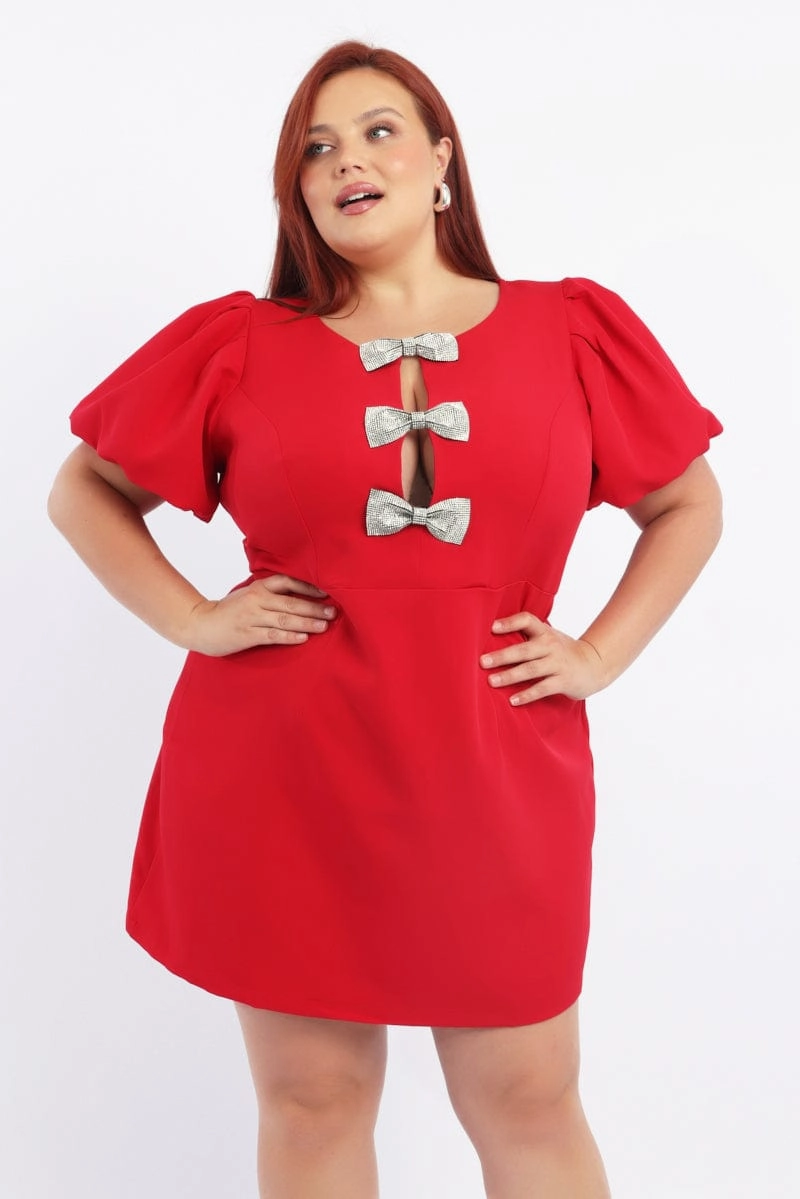 Daily Ready Red Sparkle Bow Minidress Short Sleeve