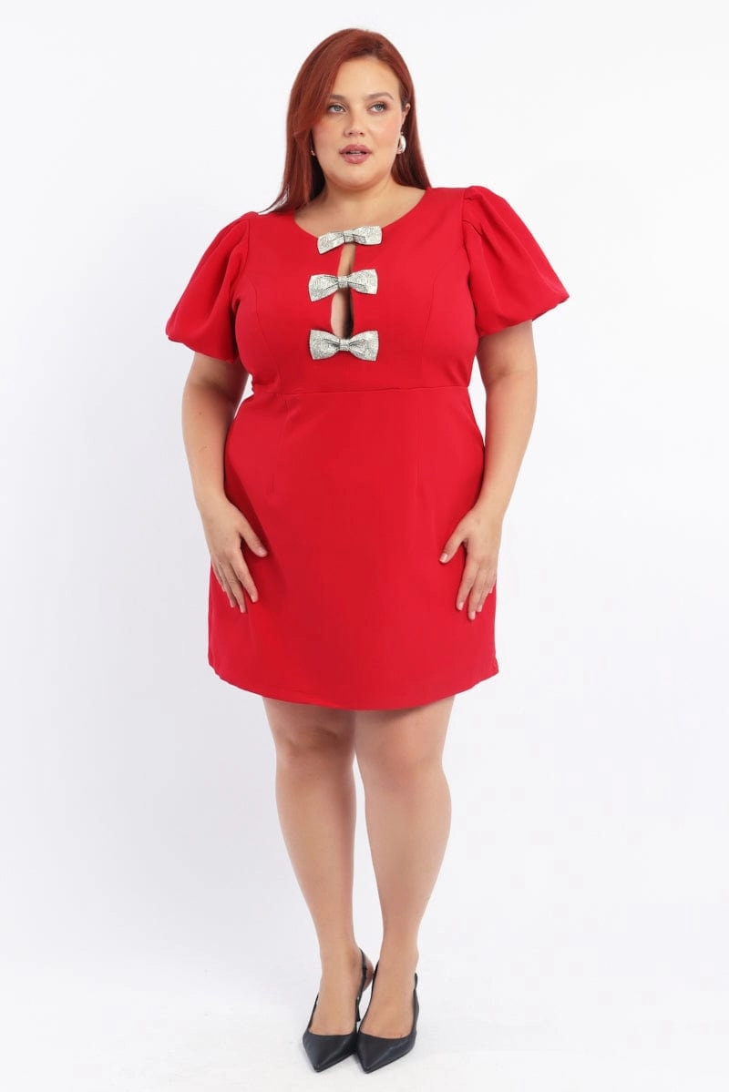 Red Sparkle Bow Minidress Short Sleeve Cozy Base