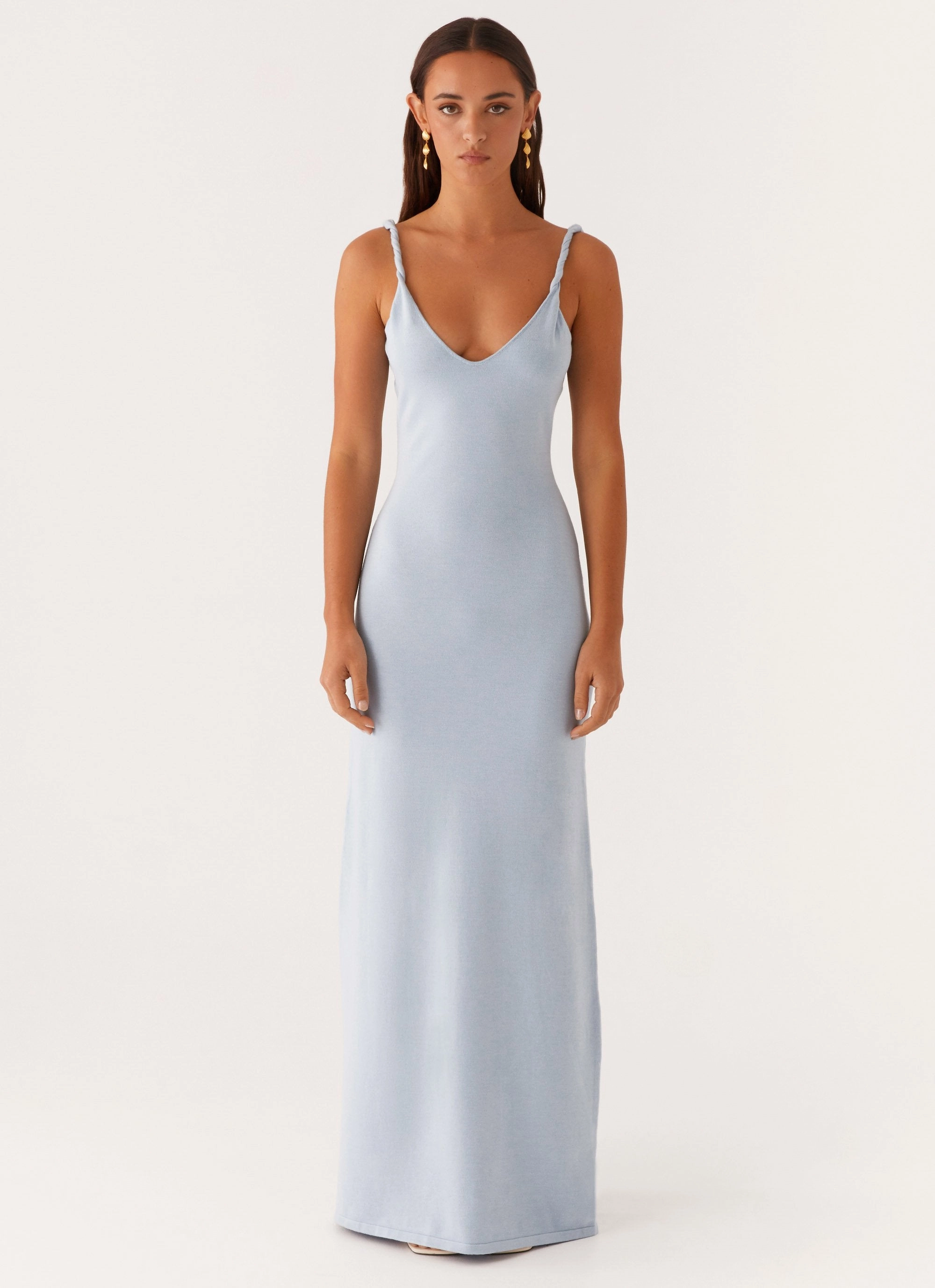 Anastasia Maxi Dress - Blue Gloss Finish Calm Outfit