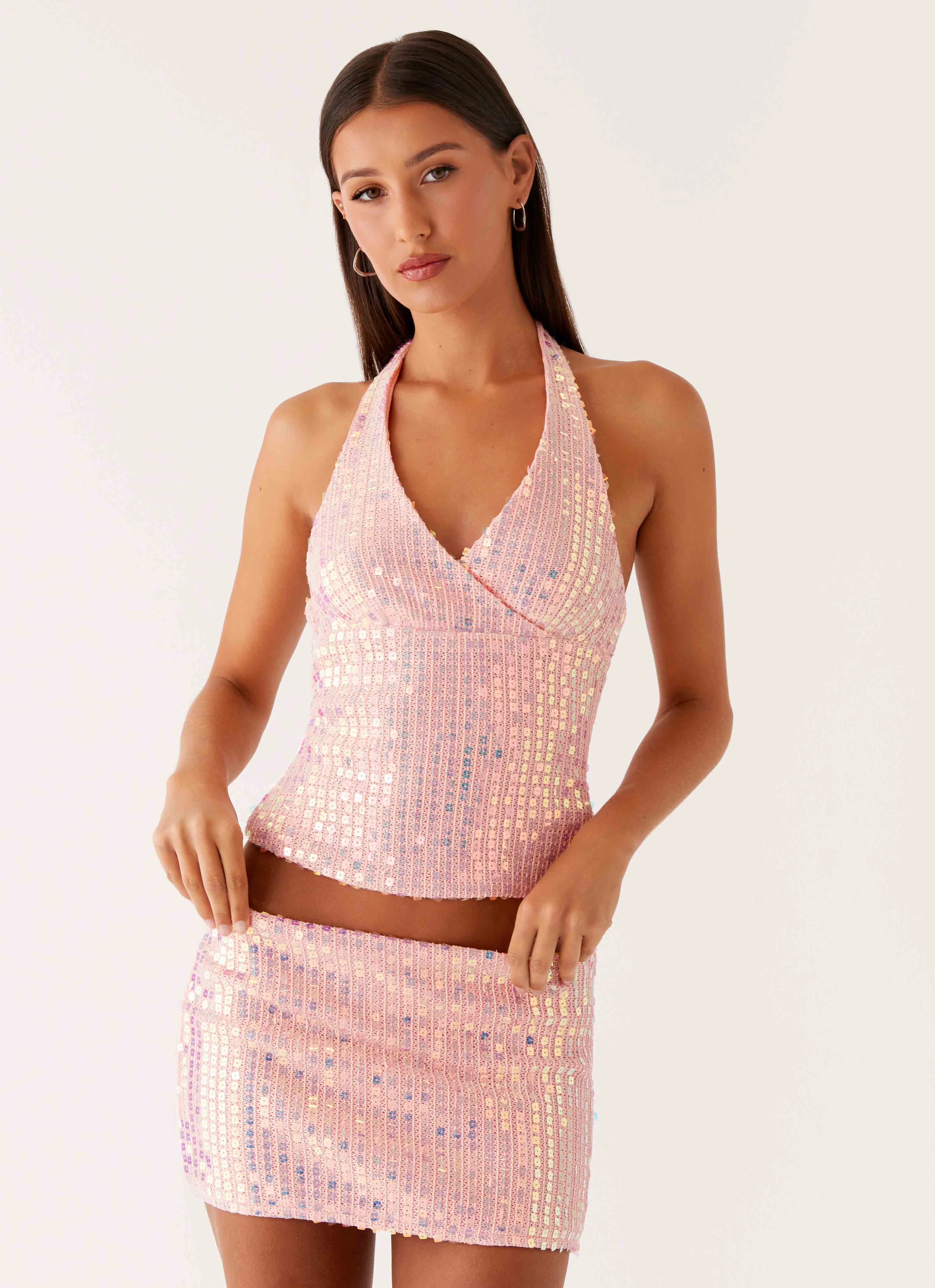 Media Feature Detachable Tie Been That Girl Knit Sequin Mini Skirt - Iridescent Pink