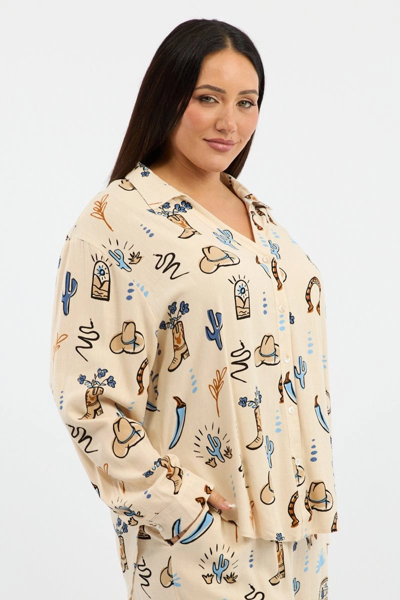 Comfort Stretch Stretchy Cloth Beige Abstract Relaxed Shirt Long Sleeve Linen Blend