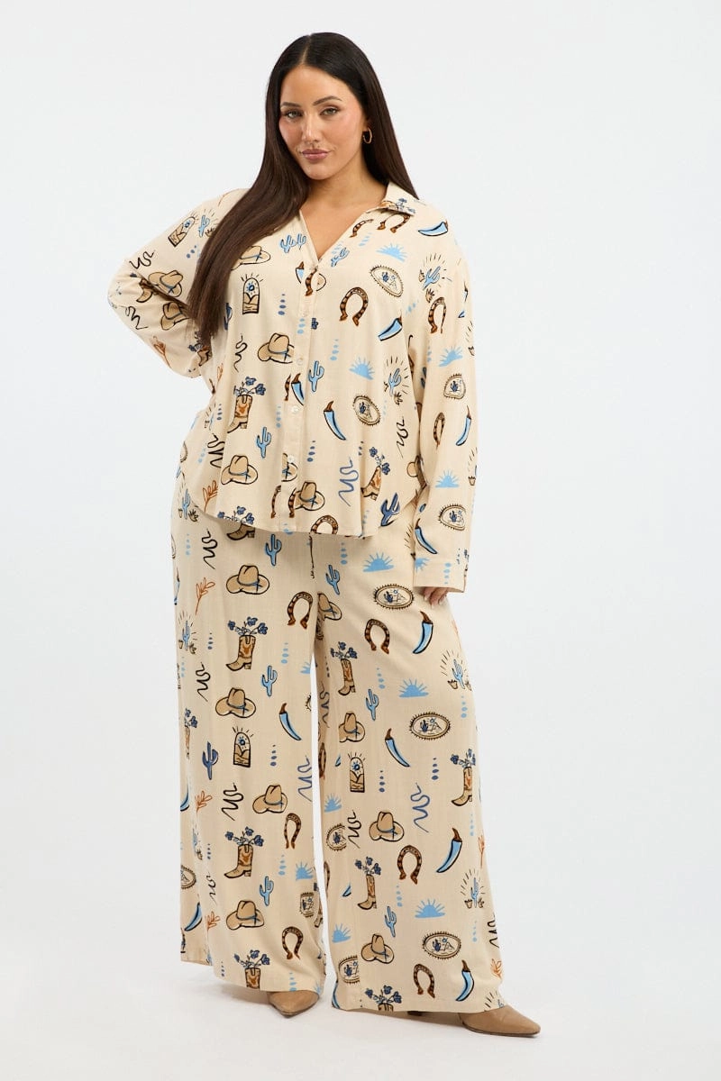 Autumn Look Beige Abstract Relaxed Shirt Long Sleeve Linen Blend