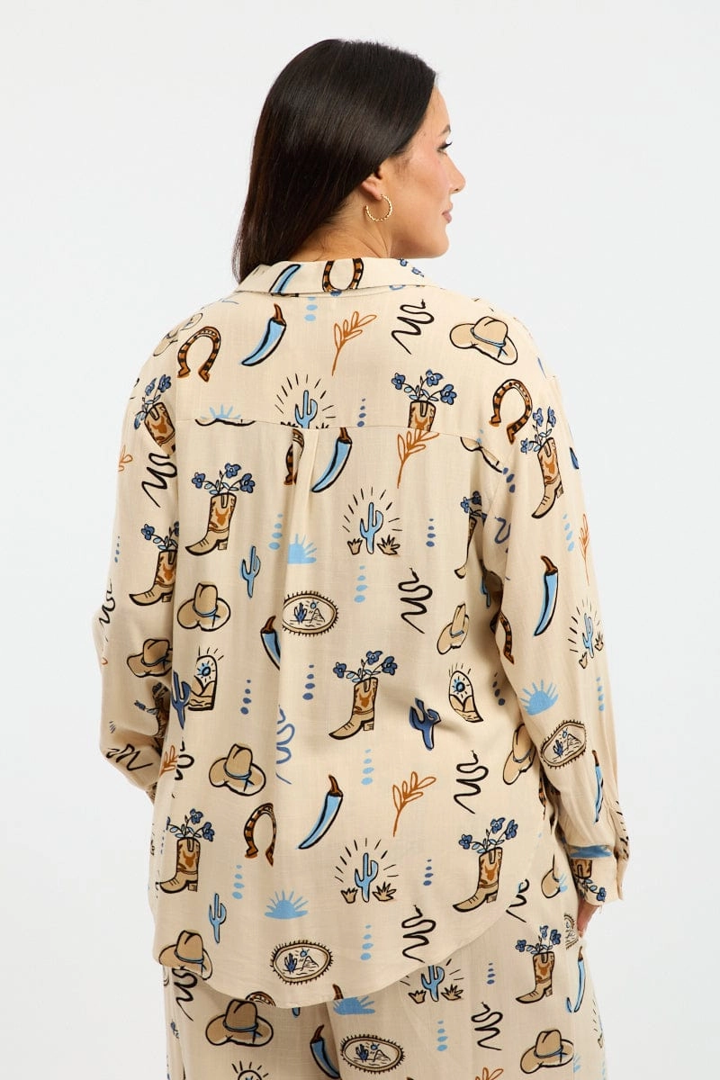 Beige Abstract Relaxed Shirt Long Sleeve Linen Blend Edgy style Sleeveless Cut