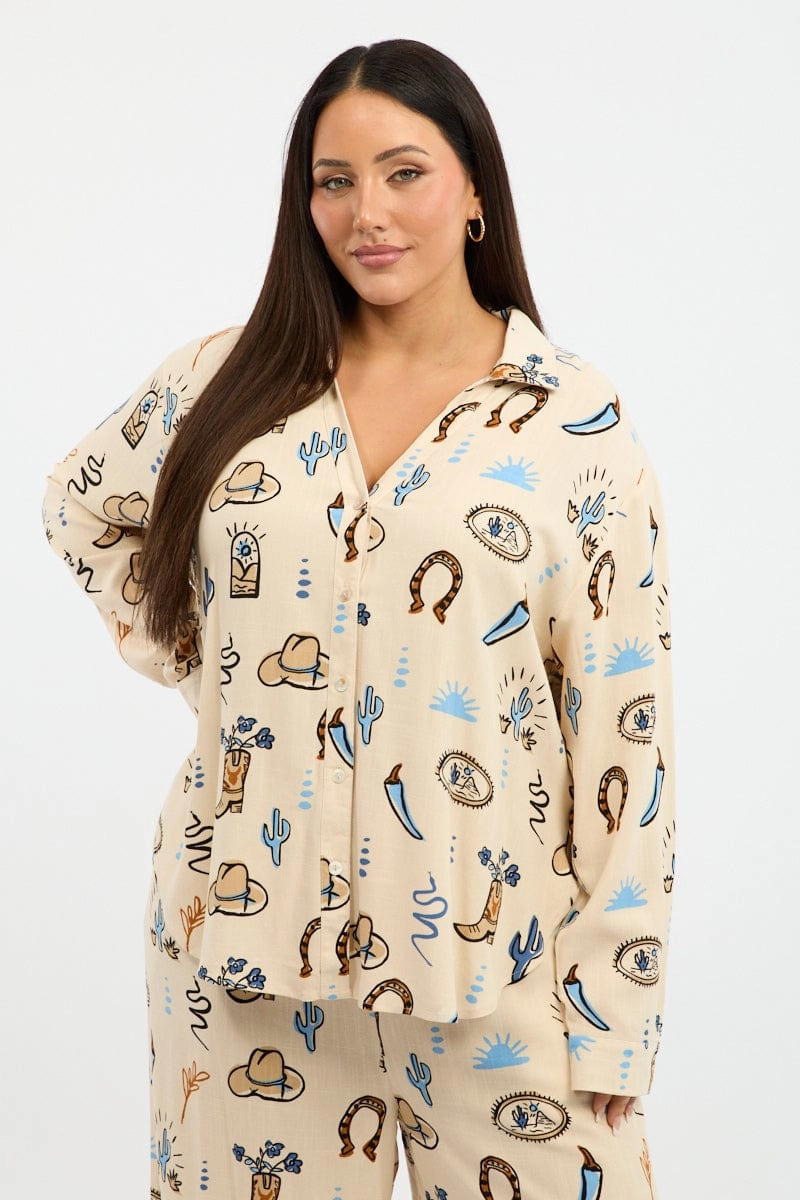 Effortless Comfort Beige Abstract Relaxed Shirt Long Sleeve Linen Blend
