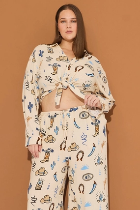 Embroidered Detail Beige Abstract Relaxed Shirt Long Sleeve Linen Blend