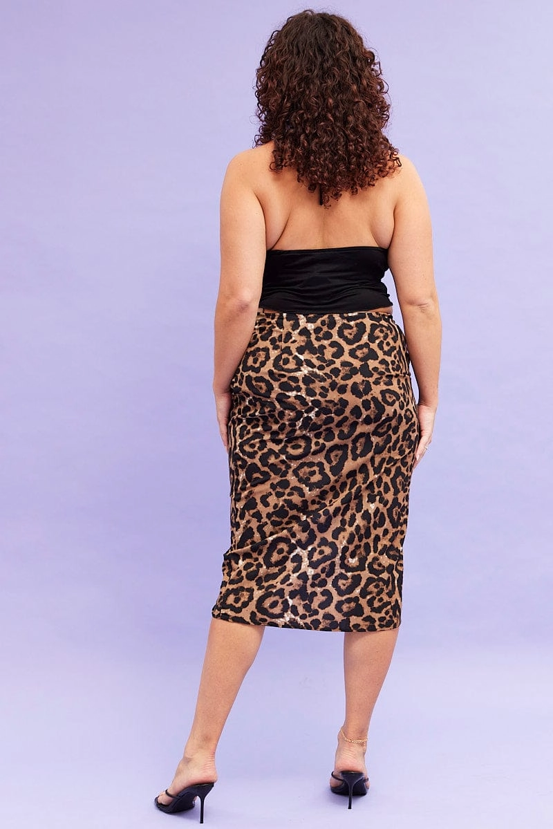 Timeless Wear Fashion Energy Beige Animal Print Midi Skirt High Waist Ruched