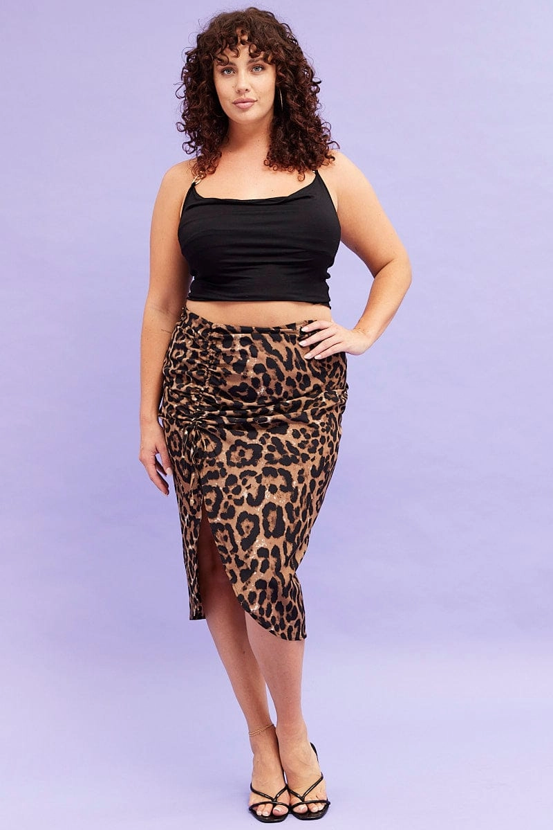 Simple looks Style Staple Beige Animal Print Midi Skirt High Waist Ruched