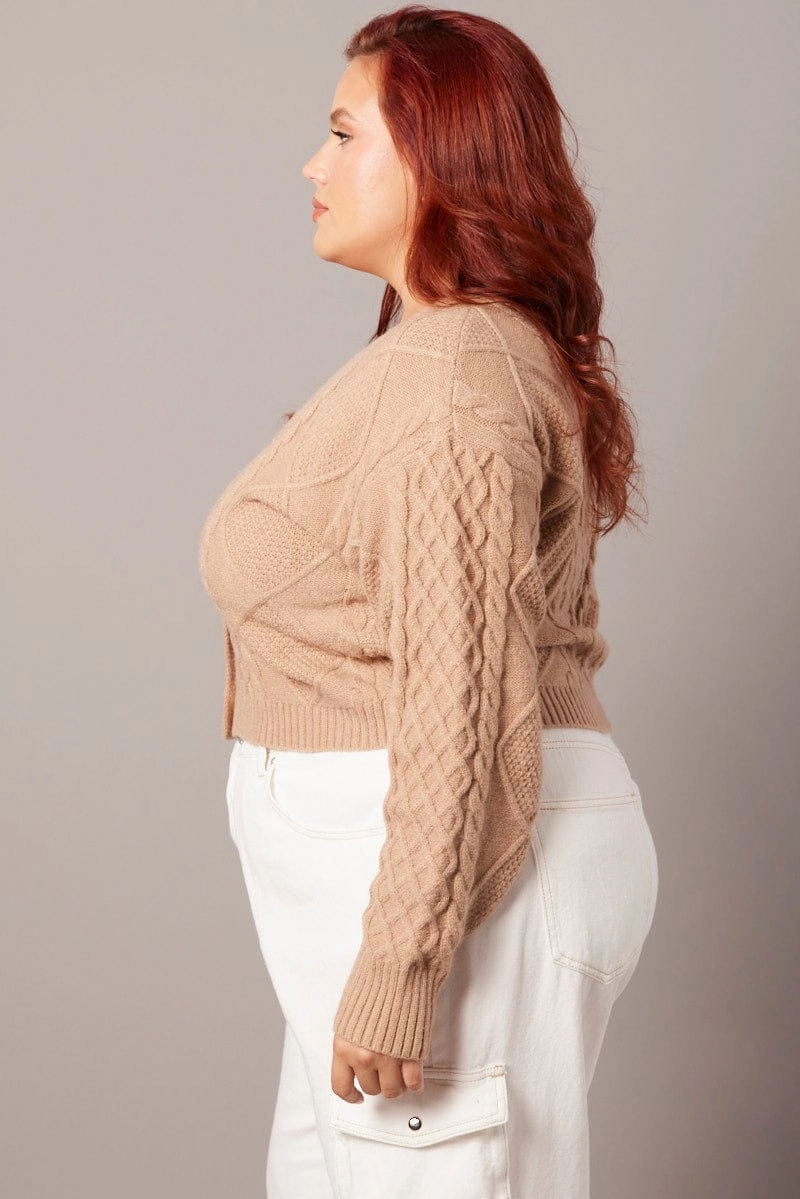 Anytime Outer Fit Water Resistant Design Beige Cable Knit Cardigan V-neck Crop