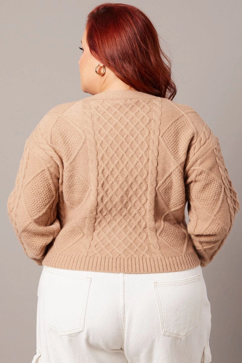 Beige Cable Knit Cardigan V-neck Crop mesh ventilation Compressed Packing Design