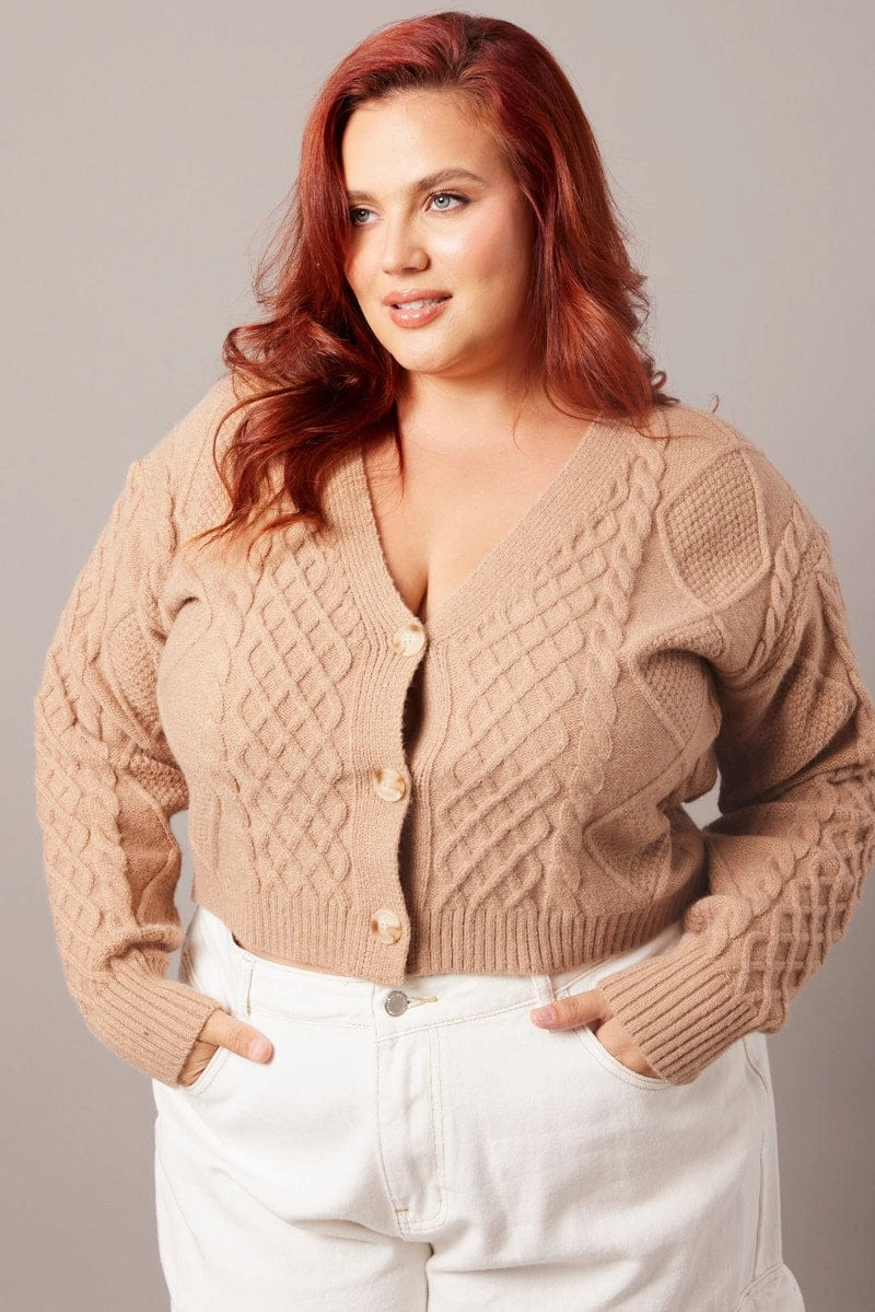 Quick Release Buckles WaterResistantFabric Beige Cable Knit Cardigan V-neck Crop