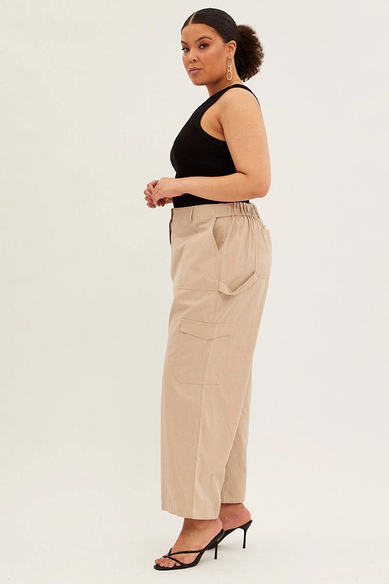 Flexibility Fit Casual Comfort Wear Beige Cargo Pants High Rise