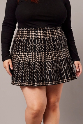 Beige Check Knit Flare Mini Skirt Contrast Stitching Denim style