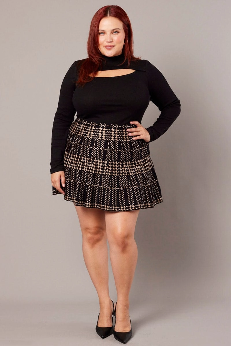 Beige Check Knit Flare Mini Skirt beaded embellishment Simple Comfort