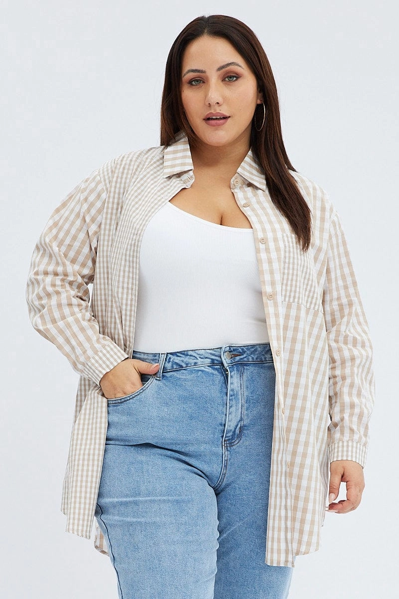Beige Check Relaxed Shirt Long Sleeve Mixed Check Ventilated Back