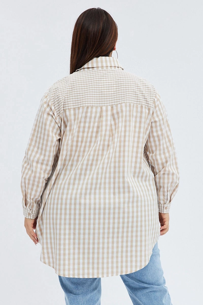 Beige Check Relaxed Shirt Long Sleeve Mixed Check All-day Comfort Country Escape