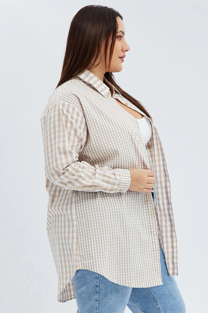Classic Wear Casual Look Beige Check Relaxed Shirt Long Sleeve Mixed Check
