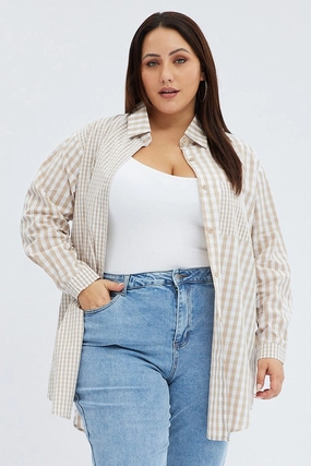 Beige Check Relaxed Shirt Long Sleeve Mixed Check Ventilated Back