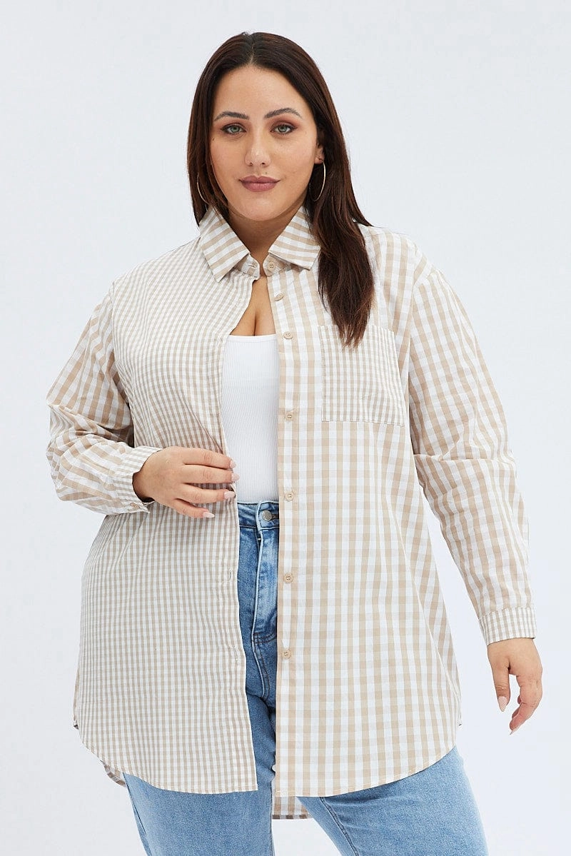 Beige Check Relaxed Shirt Long Sleeve Mixed Check Beach Attire bohemian flair