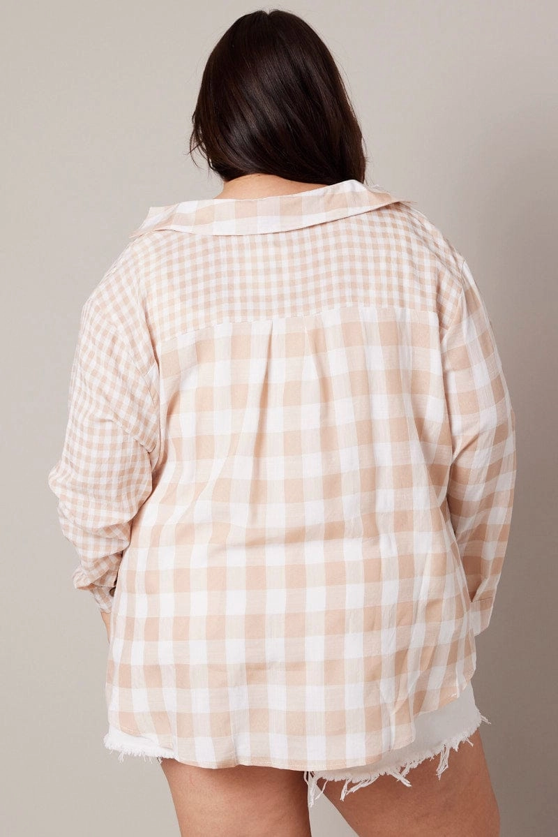 Smooth Seam Finish Chic Comfort Beige Check Relaxed Shirt Long Sleeve