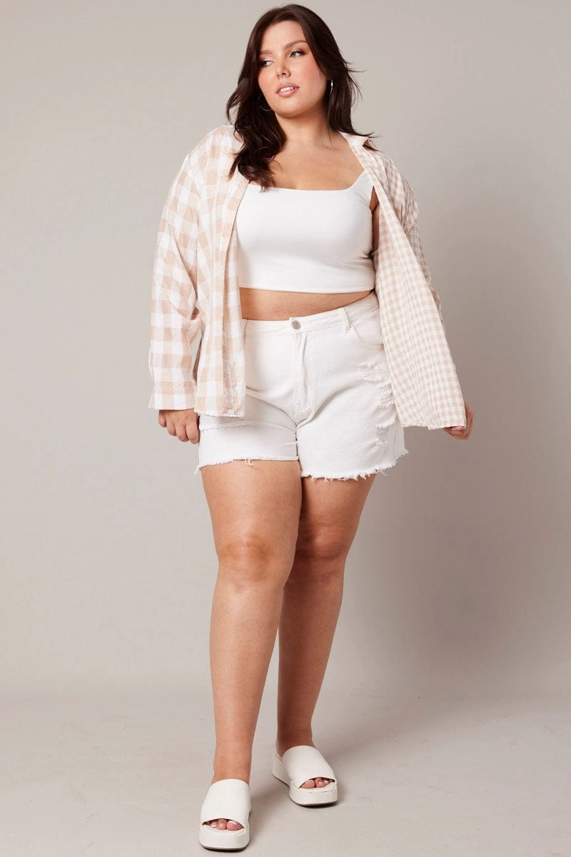 Beige Check Relaxed Shirt Long Sleeve Sustainable Dye Process