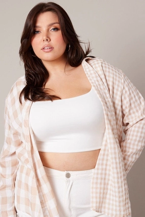 Beige Check Relaxed Shirt Long Sleeve No Slip Shoulder Grip