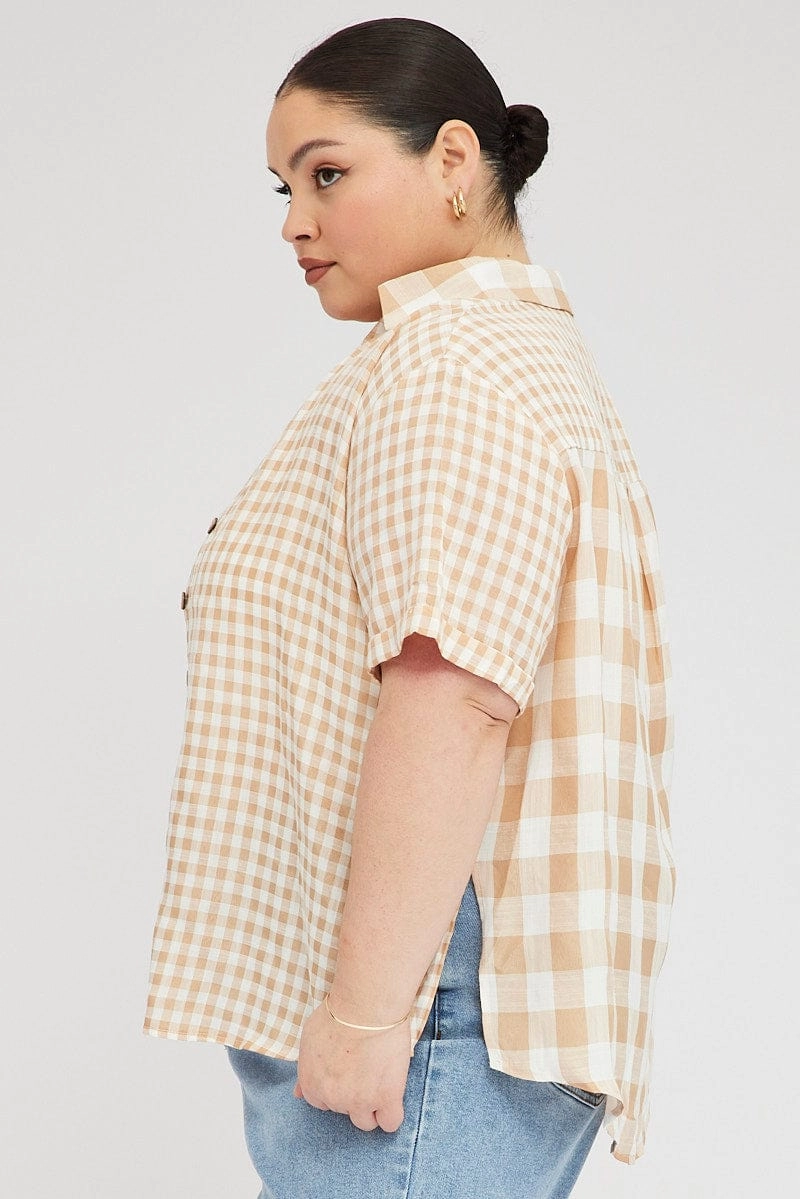 Beige Check Relaxed Shirt Short Sleeve V-neck Unisex wear