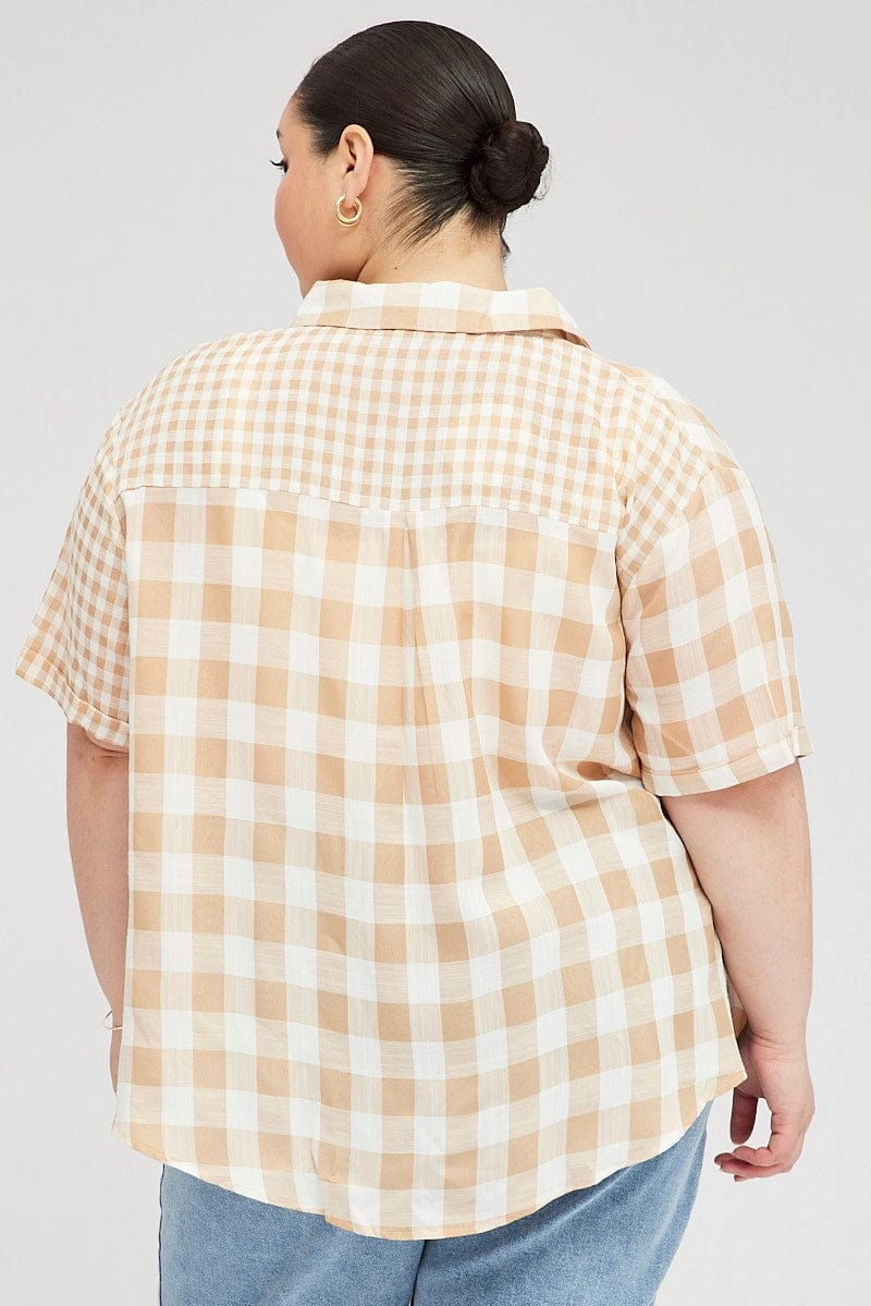 Beige Check Relaxed Shirt Short Sleeve V-neck Holiday Special Brushed Inner Lining