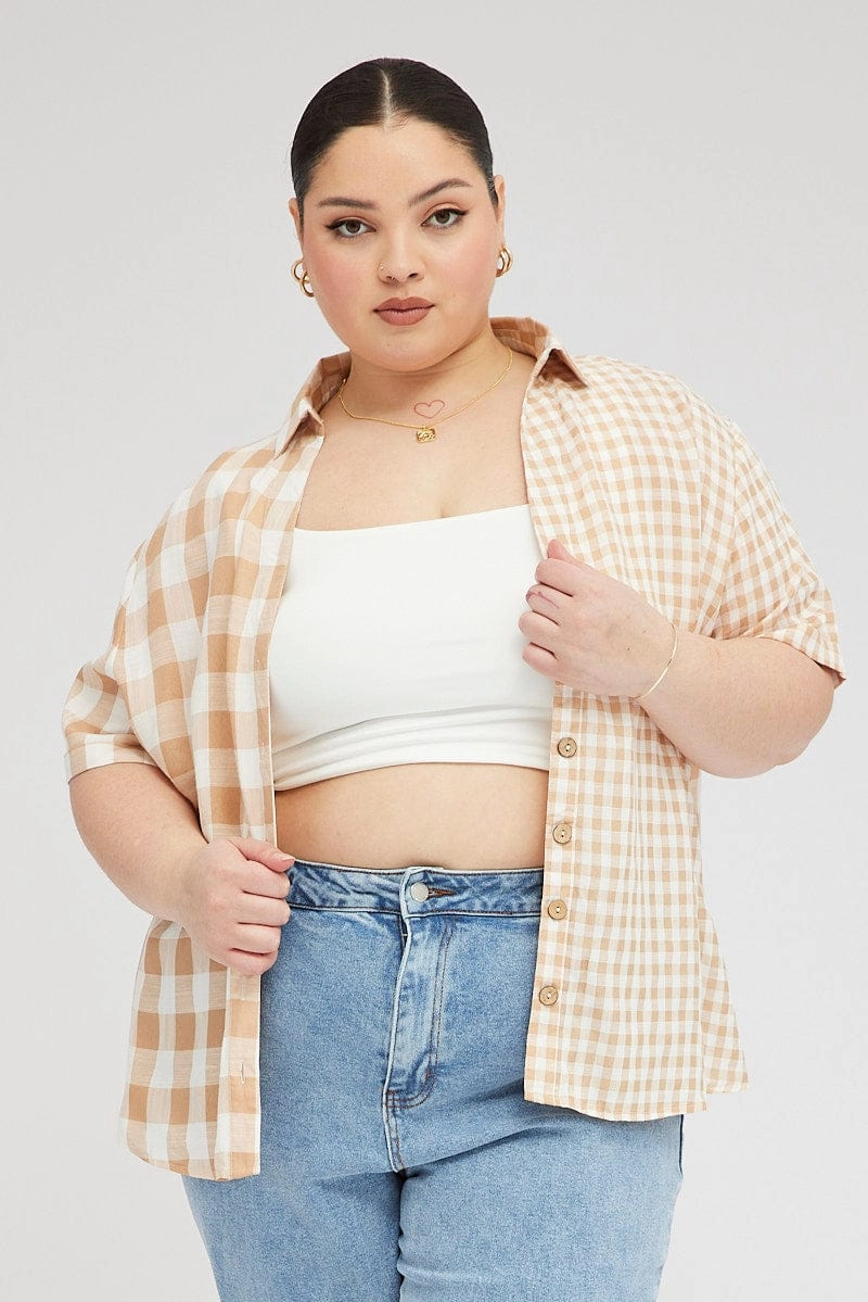 Breathable Underarm Vents Beige Check Relaxed Shirt Short Sleeve V-neck