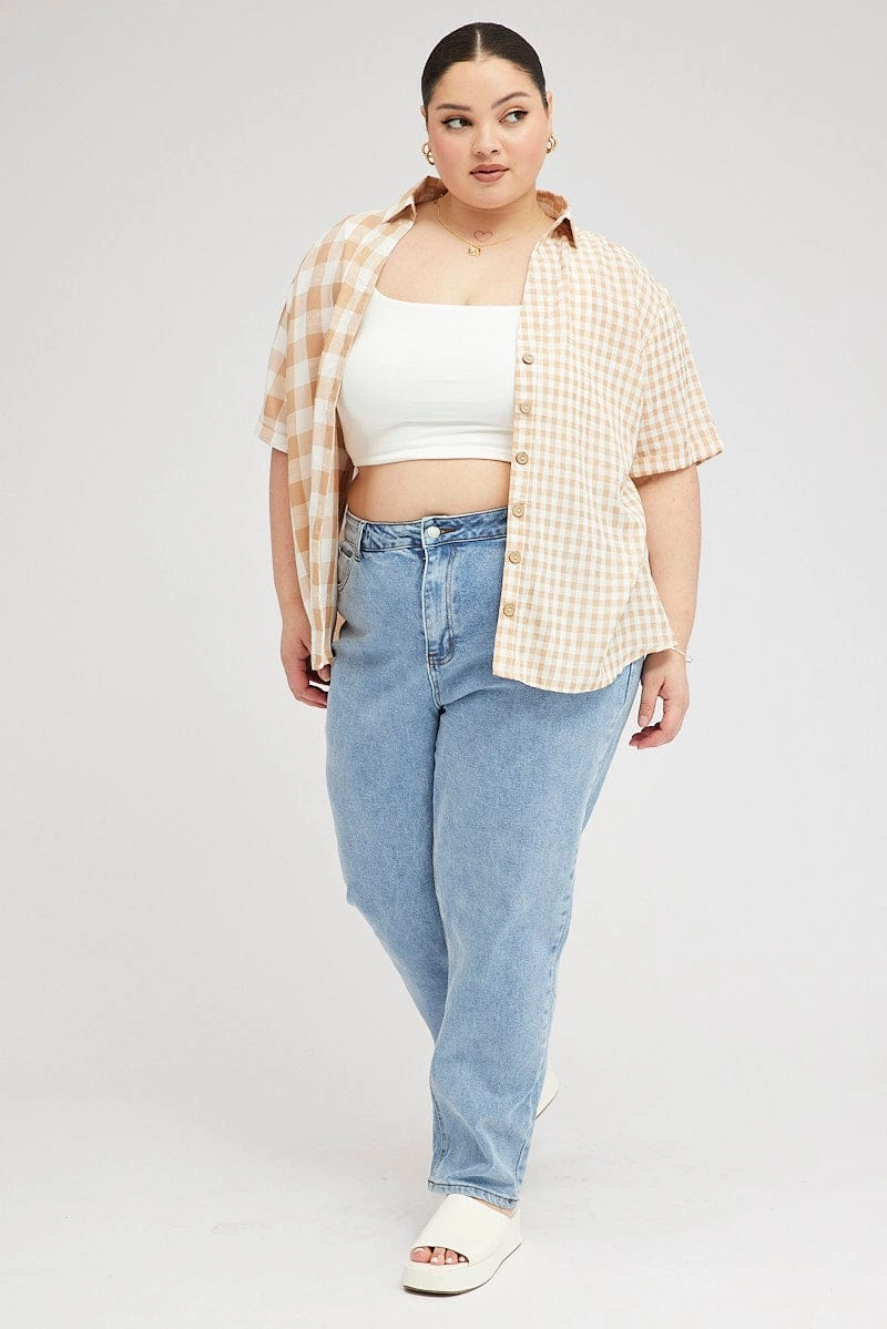 Beige Check Relaxed Shirt Short Sleeve V-neck Streamlined Design
