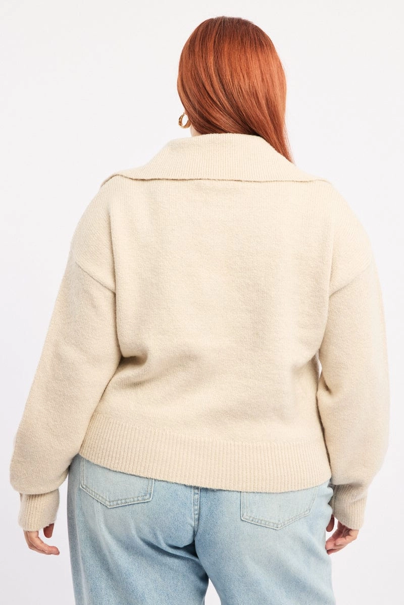 Elastic Binding Beige Collar Knit Cardigan Long Sleeve