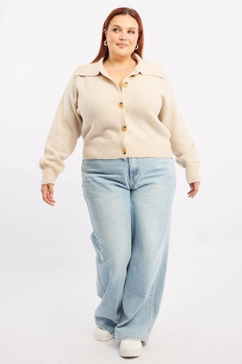 Mid Season Wear Beige Collar Knit Cardigan Long Sleeve
