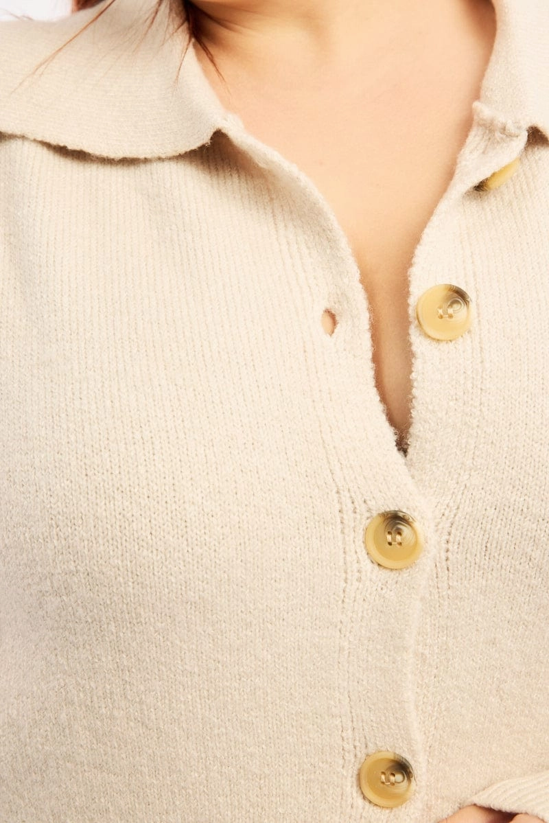 Beige Collar Knit Cardigan Long Sleeve Two Way Zipper