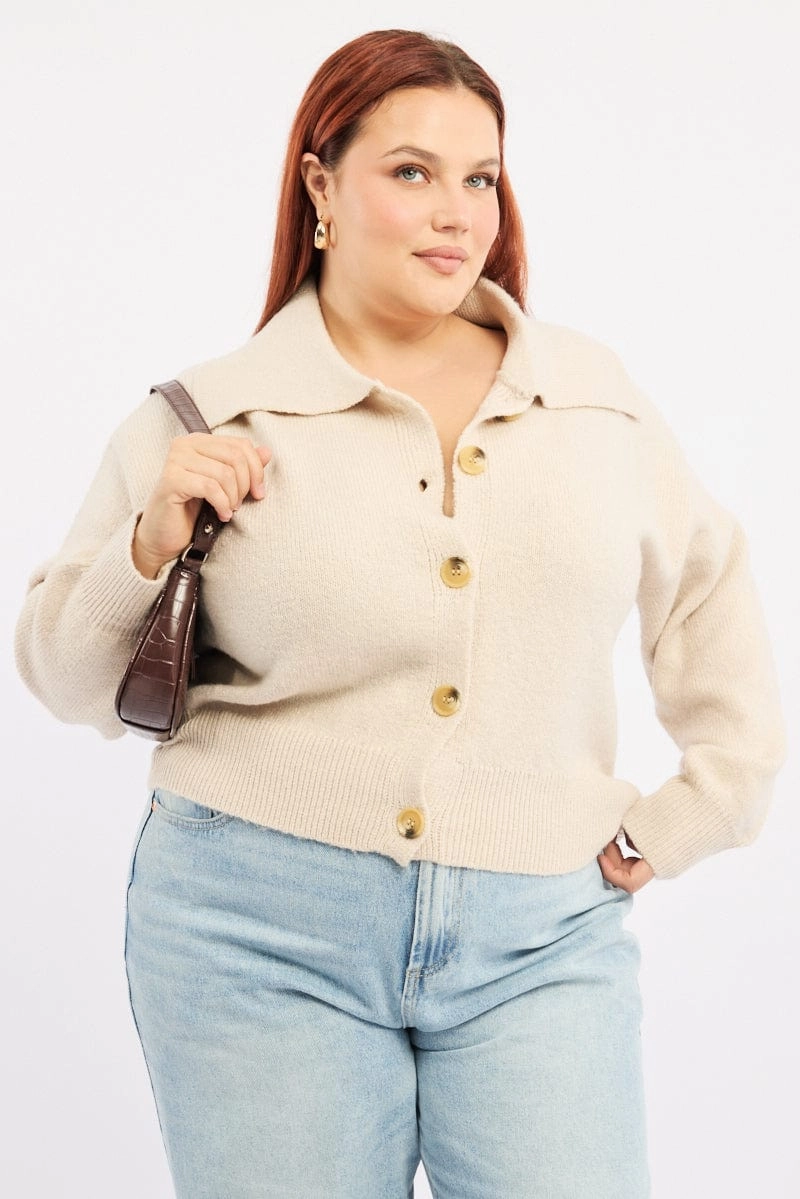Beige Collar Knit Cardigan Long Sleeve Ventilation Panels Taped Seams