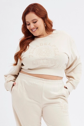 Beige Cropped Sweatshirt Philadelphia Embroidered Fleece Custom made product swimming suitable buoyancy