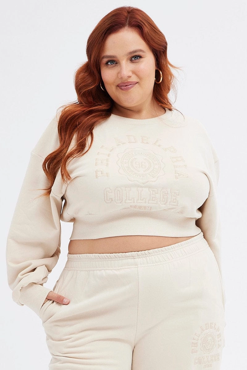Beige Cropped Sweatshirt Philadelphia Embroidered Fleece ethnic print Cold Protection