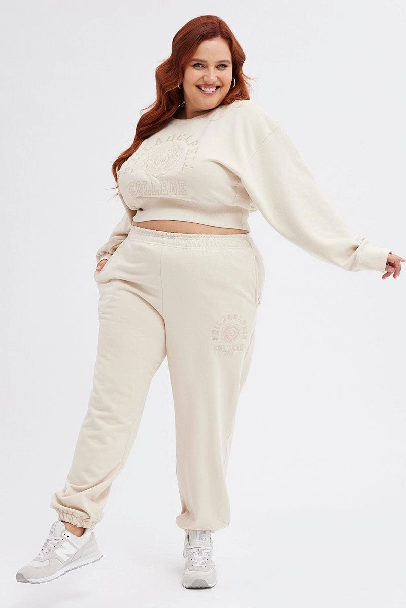 Adjustable Sustainable Beige Cropped Sweatshirt Philadelphia Embroidered Fleece