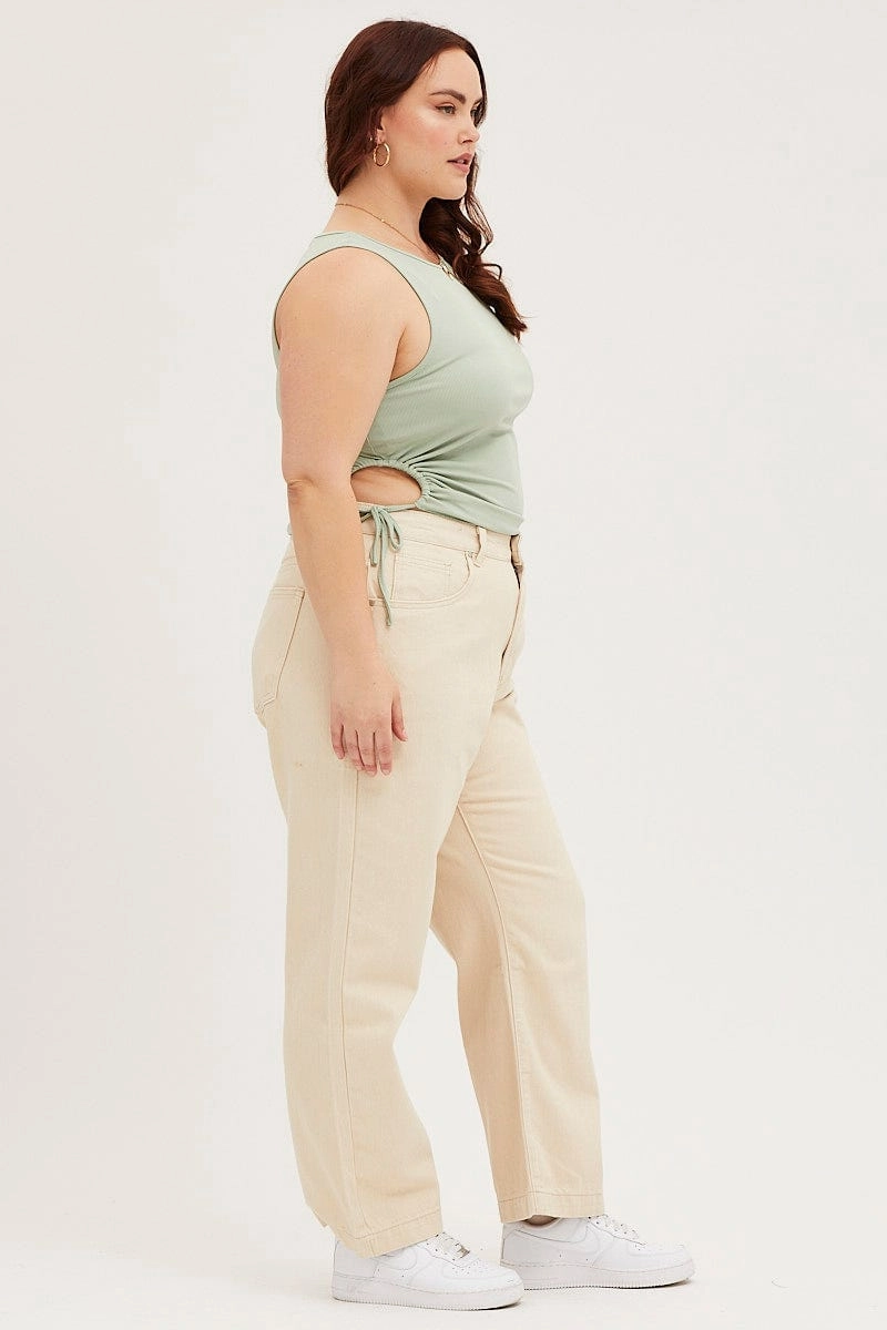 Beige Denim Jean High Rise Wide Leg Unisex Wear Elegant Vintage Lover