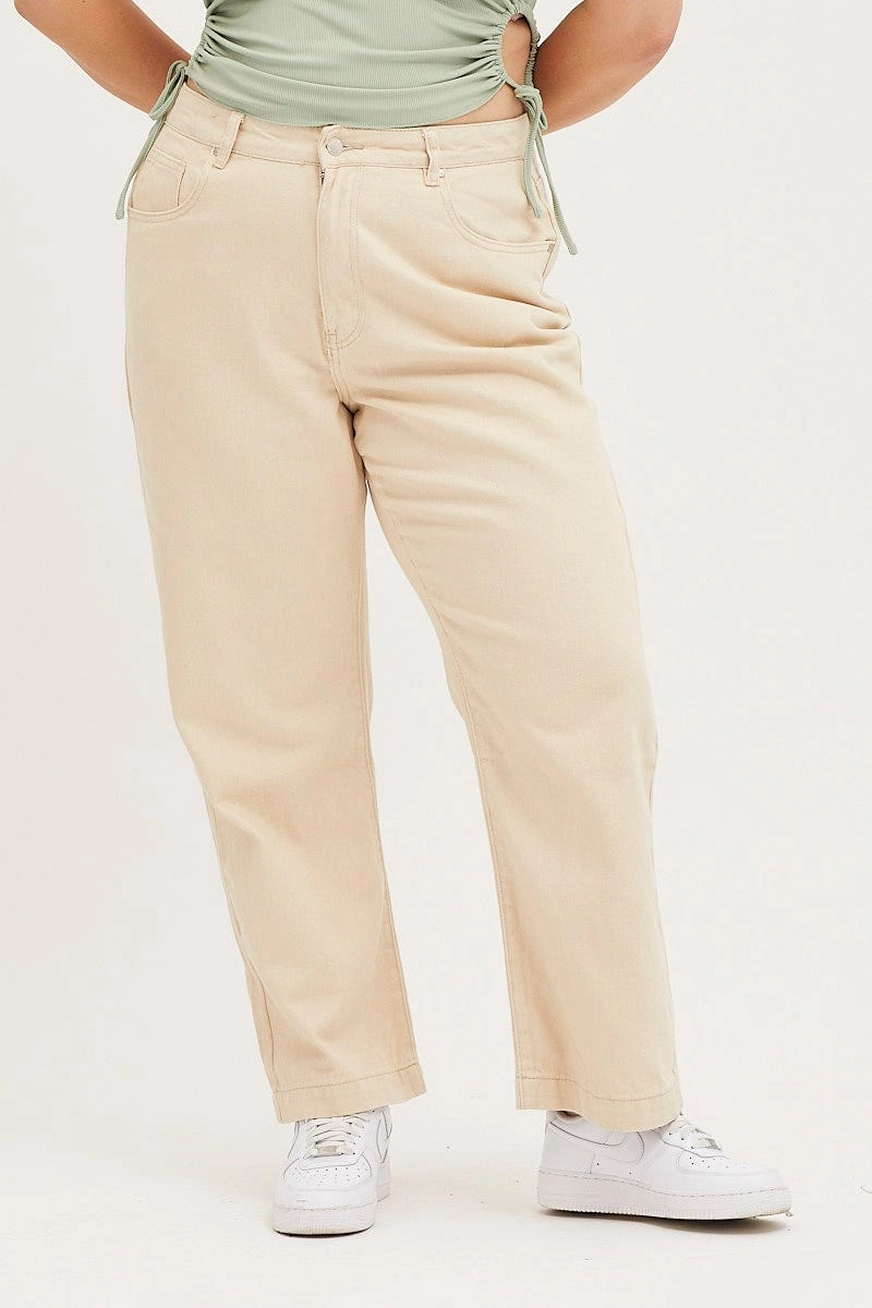 Universal Fit Sizing Year Rounder Beige Denim Jean High Rise Wide Leg