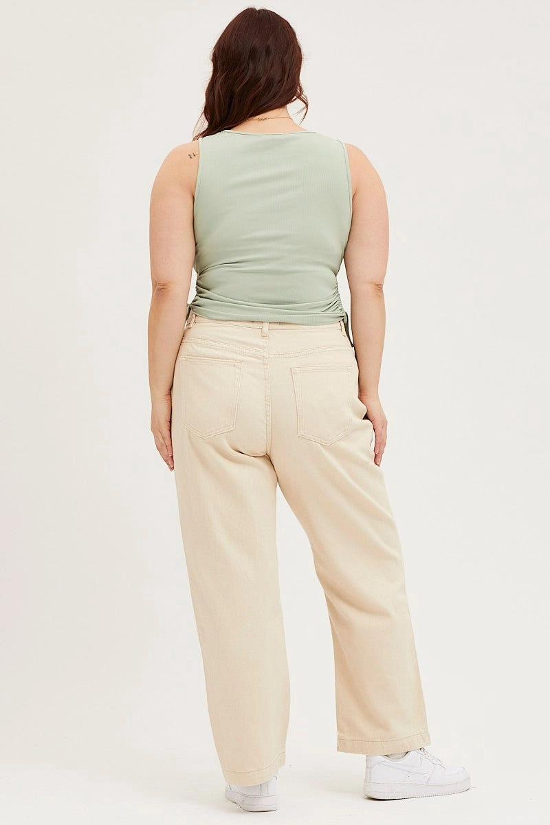 Perfect Fit Waist Beige Denim Jean High Rise Wide Leg