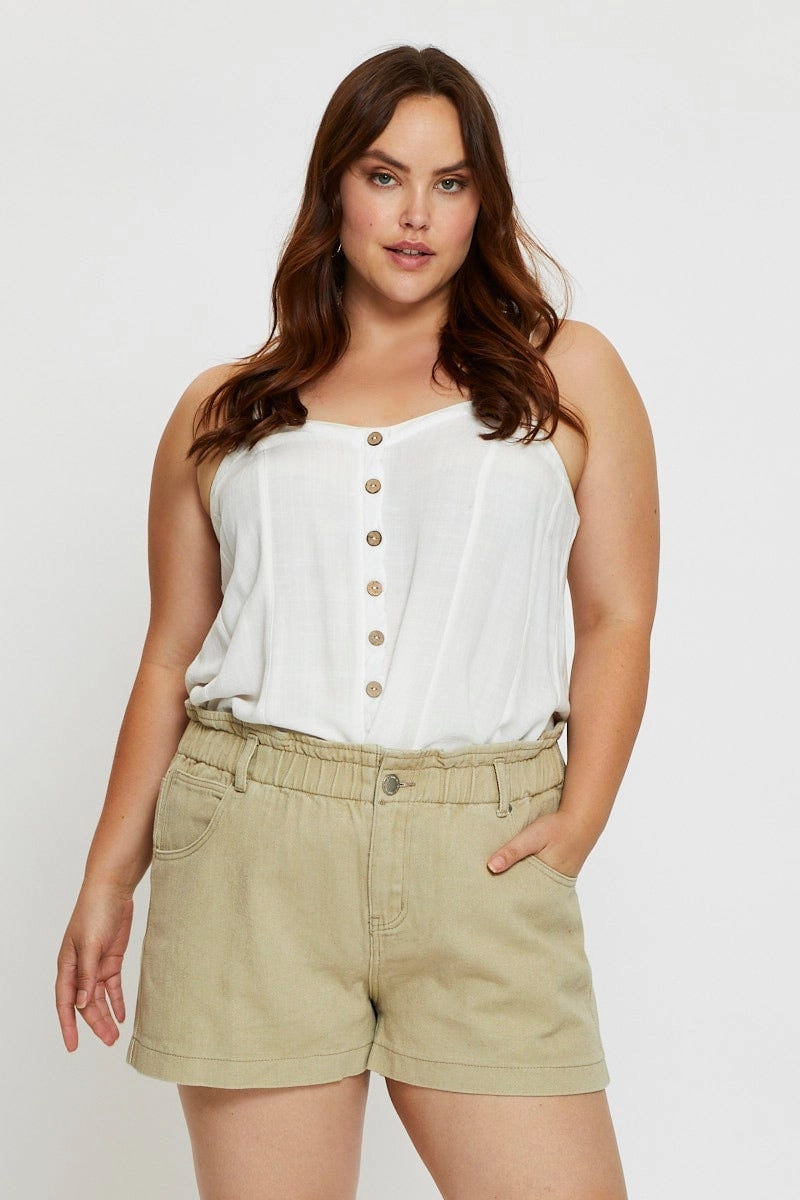 beachy vibe Simple Waist Beige Denim Shorts High Rise Paperbag