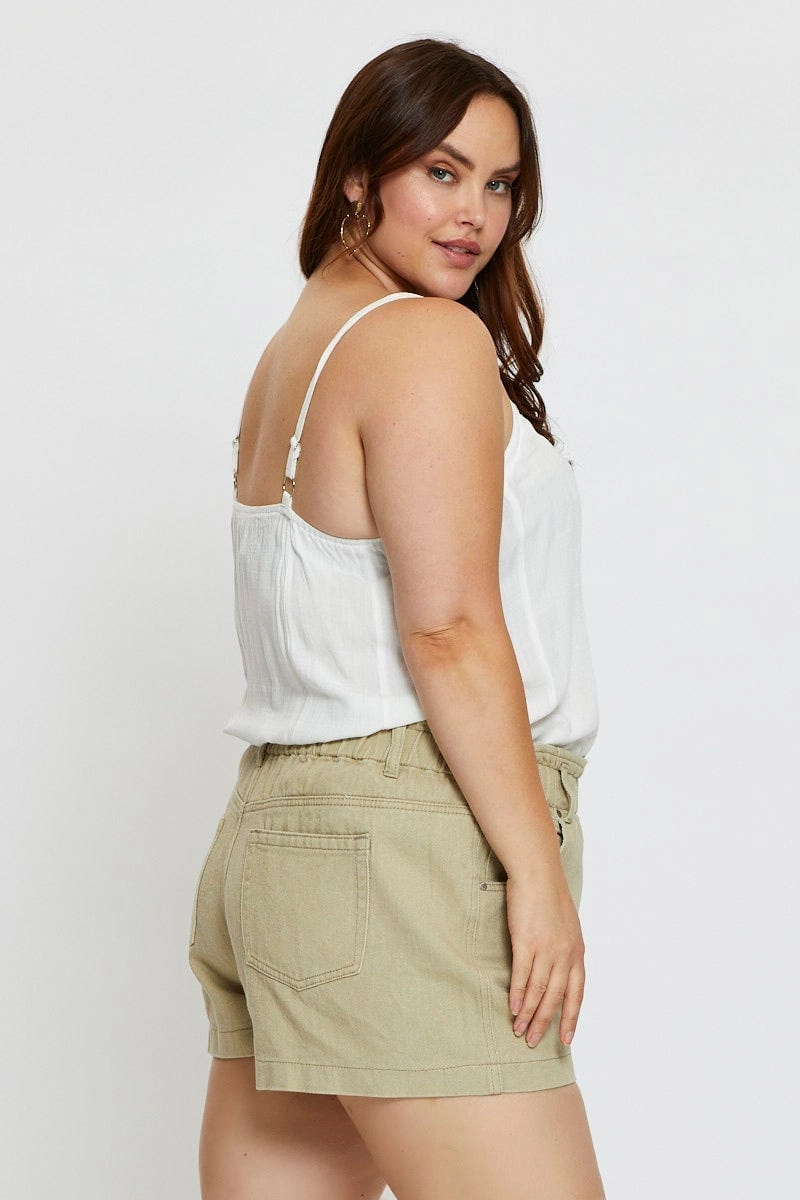 Beige Denim Shorts High Rise Paperbag Quick Comfort Fit