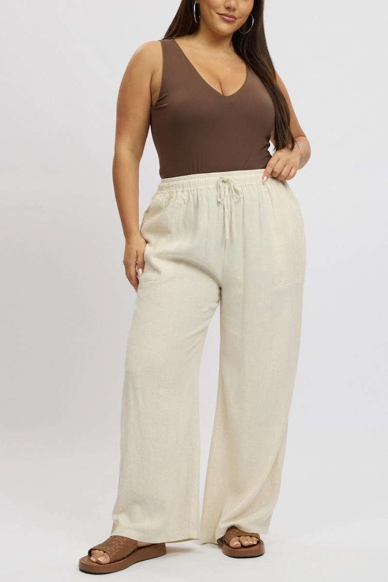 Active Performance Cozy and Relaxed Beige Elastic Waist Wide Leg Linen Blend Pants