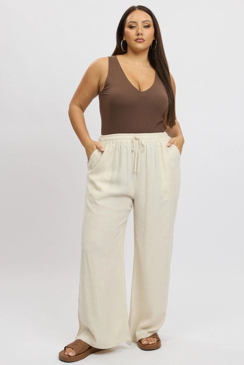 Beige Elastic Waist Wide Leg Linen Blend Pants LightweightInsulation Layering Essential
