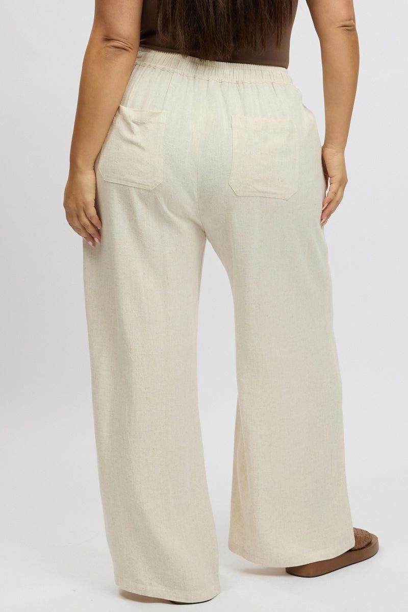 Sleek Design Beige Elastic Waist Wide Leg Linen Blend Pants