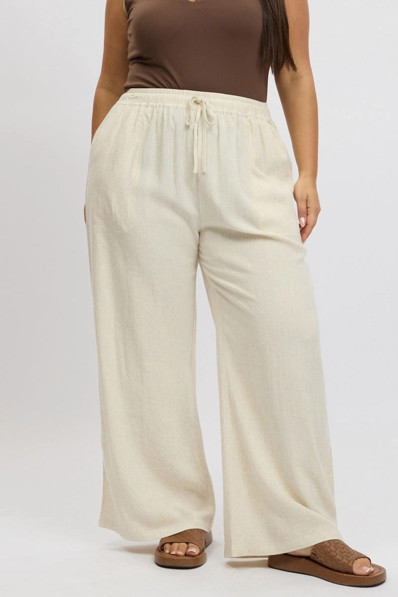 Quick Wear Fit FlexibleKneePanels Beige Elastic Waist Wide Leg Linen Blend Pants