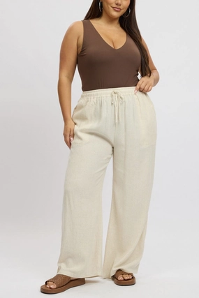 Active Performance Cozy and Relaxed Beige Elastic Waist Wide Leg Linen Blend Pants