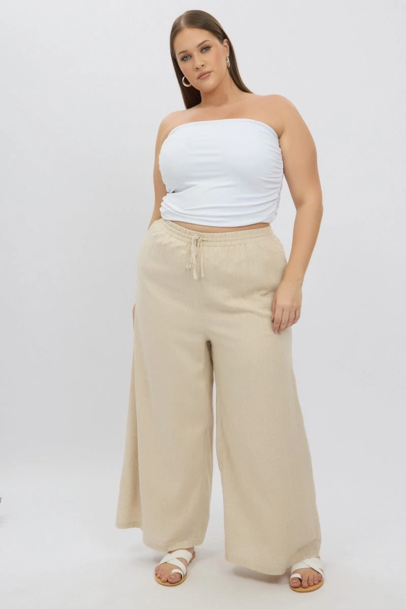 Beige Elastic Waist Wide Leg Linen Viscose Pants FlexibleKneePanels Casual Movement