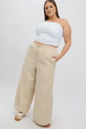 Beige Elastic Waist Wide Leg Linen Viscose Pants Move Freely Clean Cut